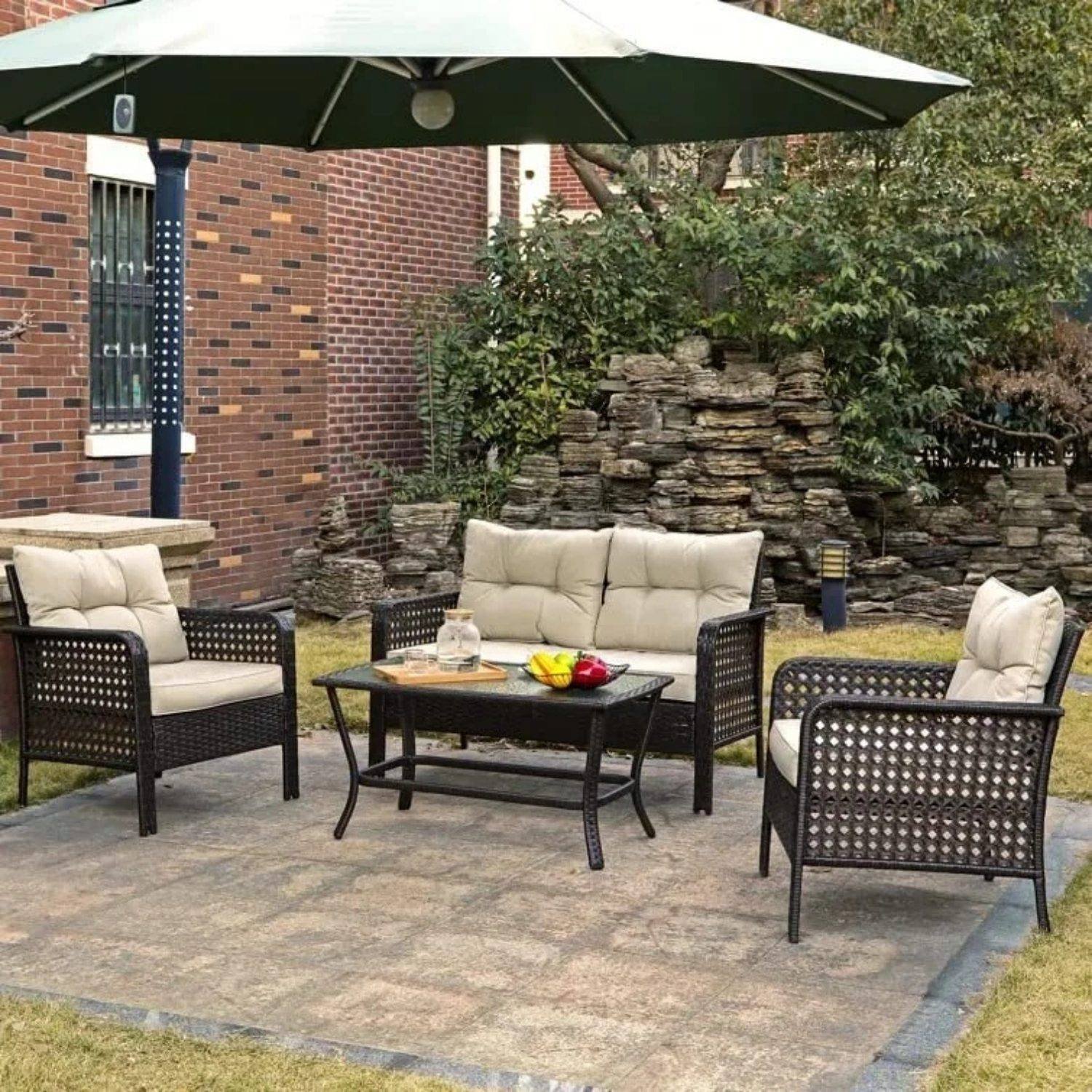 DEVOKO 4PCS Patio Wicker Furniture Set (Dark Brown & Cream)