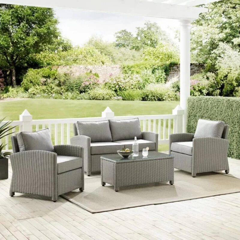 Devoko 4PCS Patio Wicker Furniture Set with Center Table, Silver Grey Rattan Chairs, and Grey Cushions for Outdoor Living