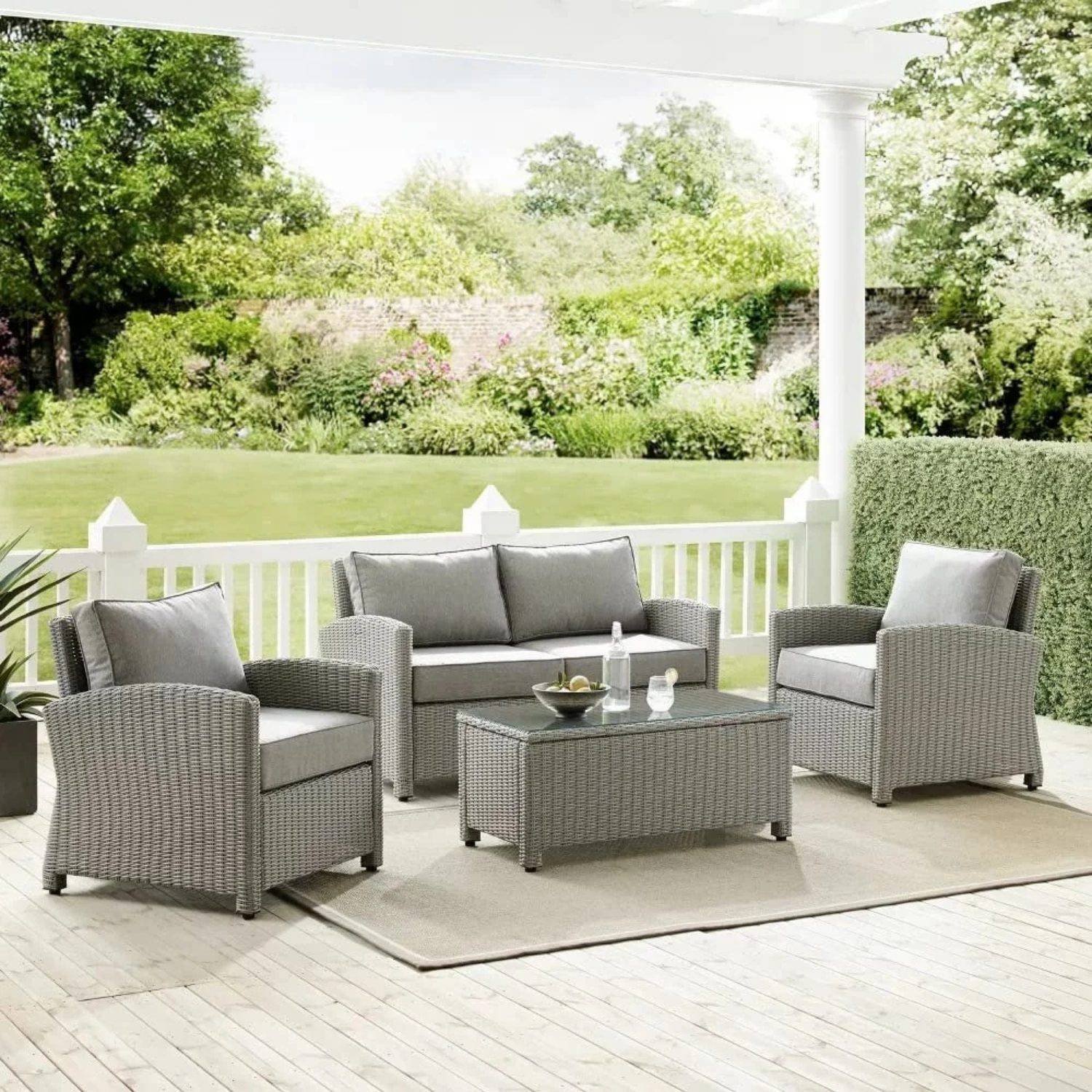 Devoko 4PCS Patio Wicker Furniture Set with Center Table, Silver Grey Rattan Chairs, and Grey Cushions for Outdoor Living