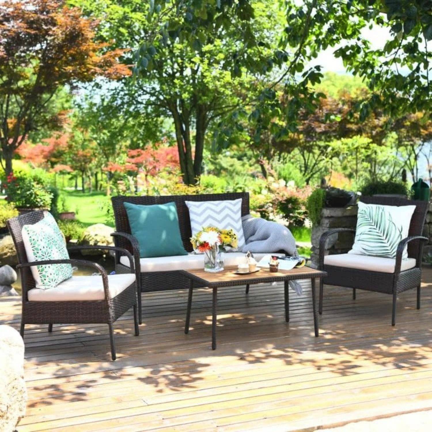 DEVOKO 4PCS Outdoor Patio Rattan Furniture Set (Dark Brown and Cream)