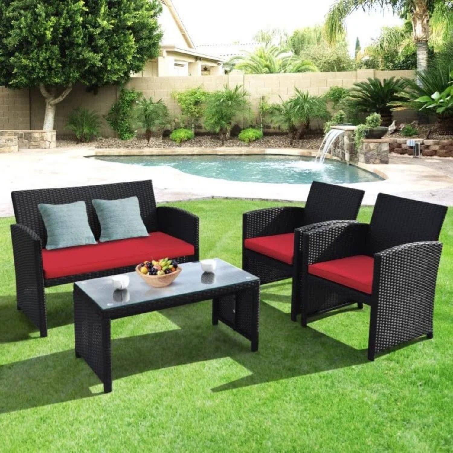 DEVOKO 4PCS Outdoor Patio Rattan Furniture Set (Black and Red)