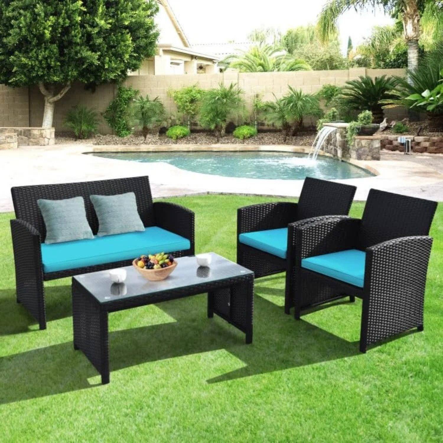 DEVOKO 4PCS Outdoor Patio Rattan Furniture Set (Black and Turquoise)