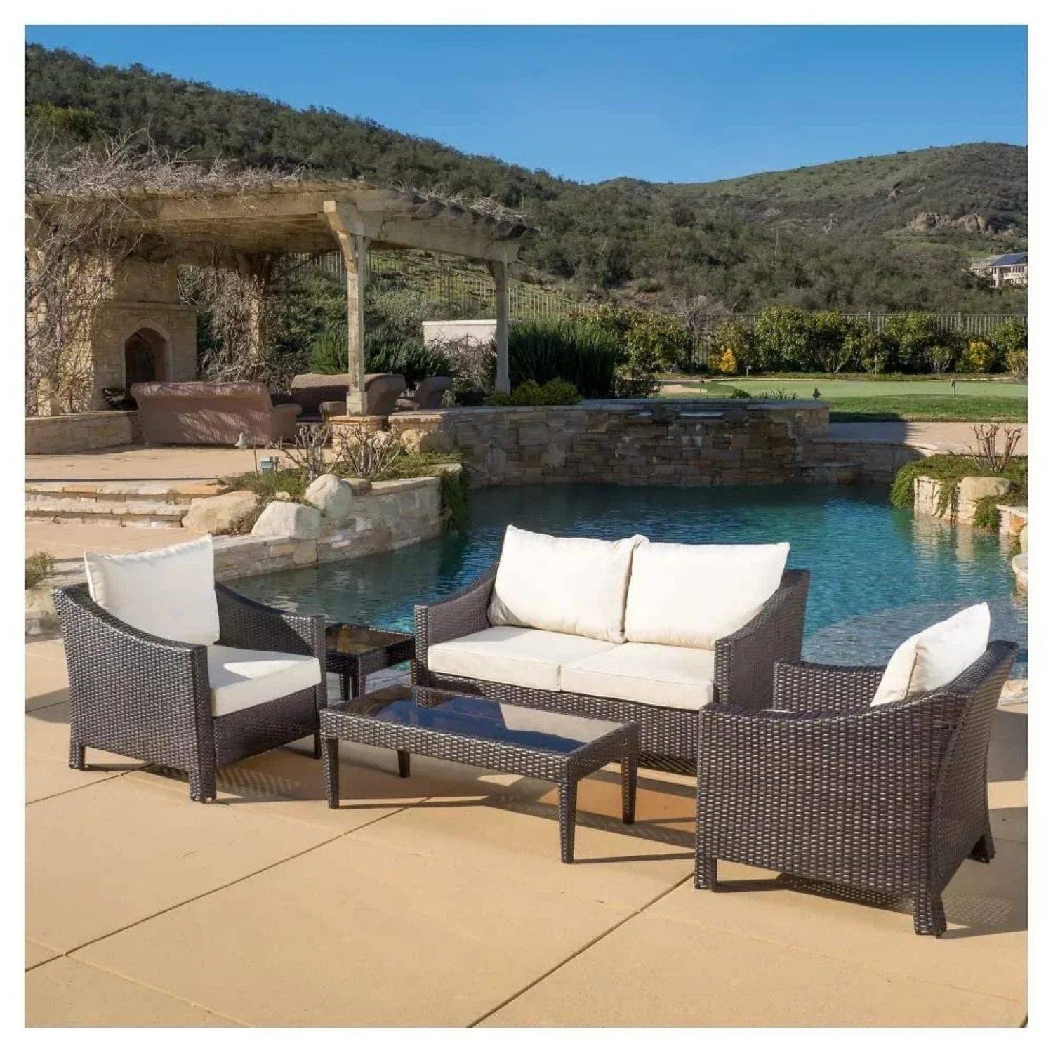 DEVOKO 5 Piece Patio Furniture Set (Dark Brown/Cream)