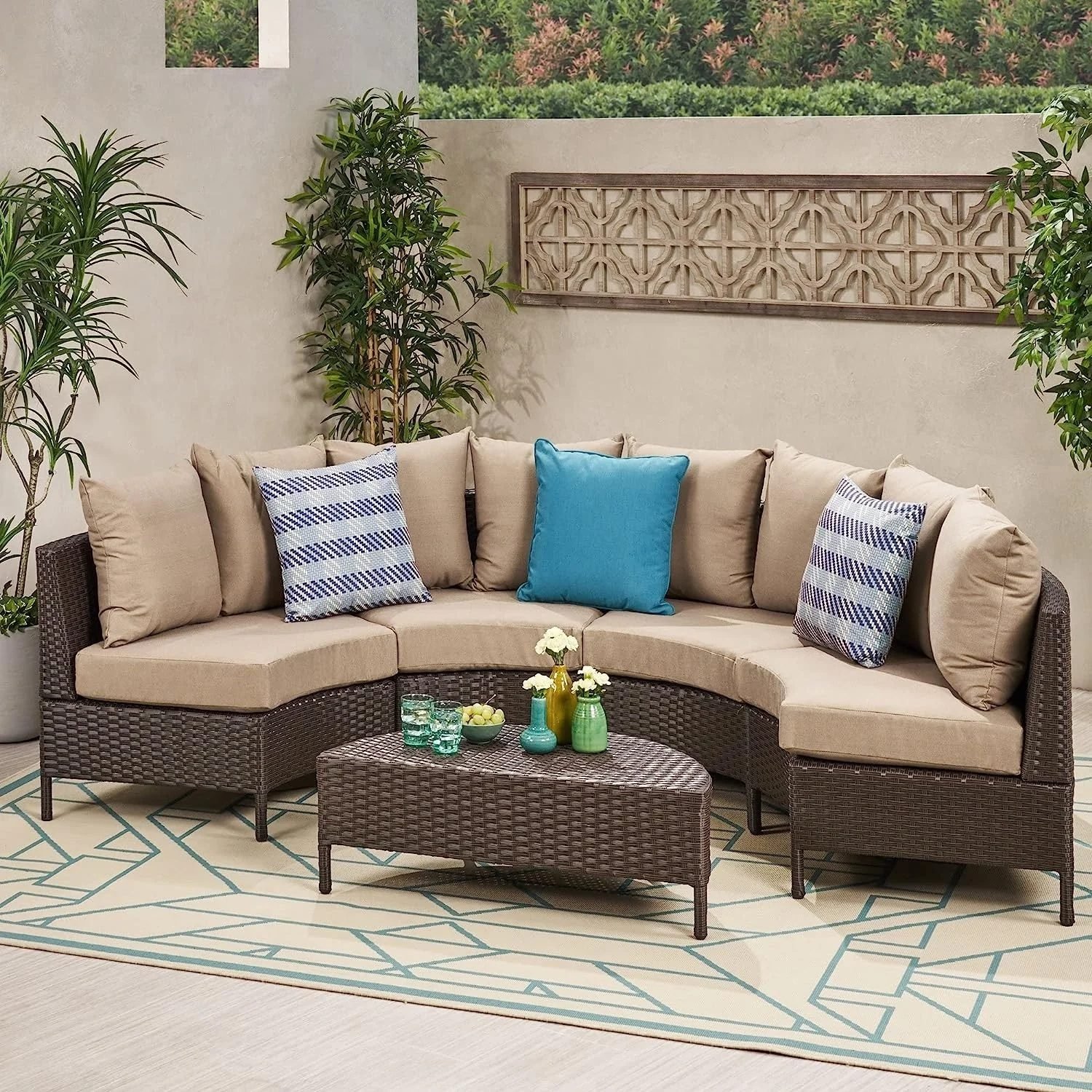 DEVOKO Oval Shape Patio Furniture Set (Dark Brown/Cream)