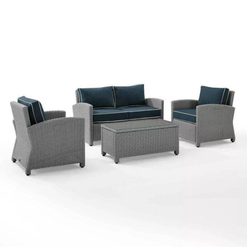 DEVOKO 4PCS Patio Wicker Furniture Set with Silver Grey Rattan Chairs and Navy Blue Cushions