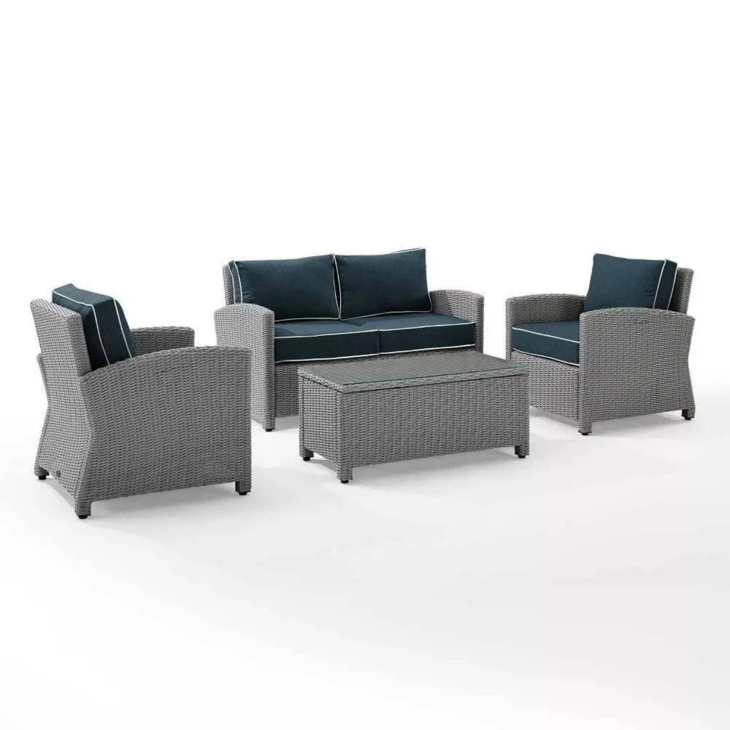 DEVOKO 4PCS Patio Wicker Furniture Set with Silver Grey Rattan Chairs and Navy Blue Cushions