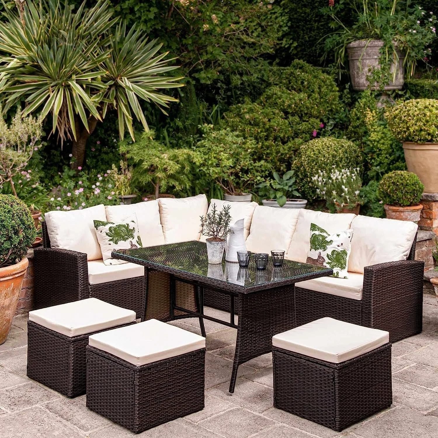 DEVOKO 6-Pcs Wicker Sofa Dining Set (Dark Brown & Cream)