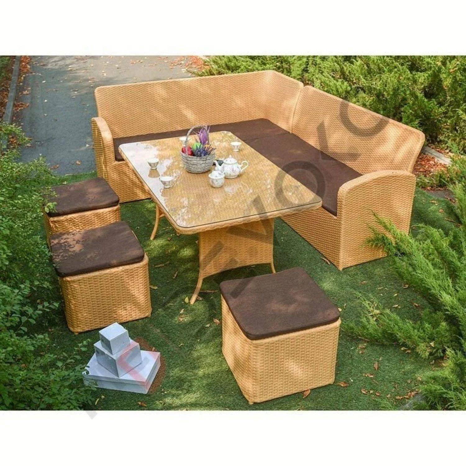 All-Weather HDPE Rattan Wicker Patio Sofa Set (Beige/Dark Brown)