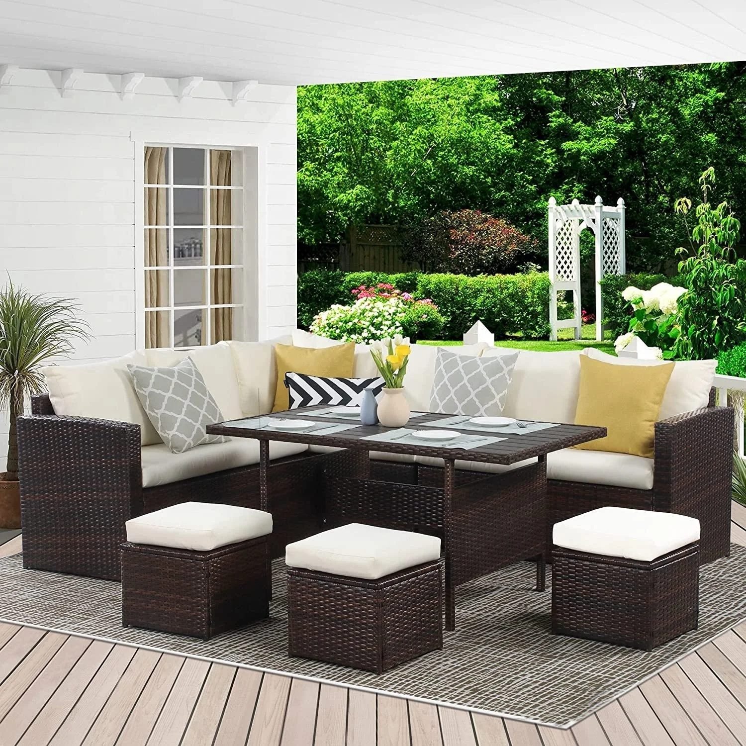 6PCS L Shape Patio Rattan Dining Set with Cushioned Chairs and Ottoman + Wood Table Top