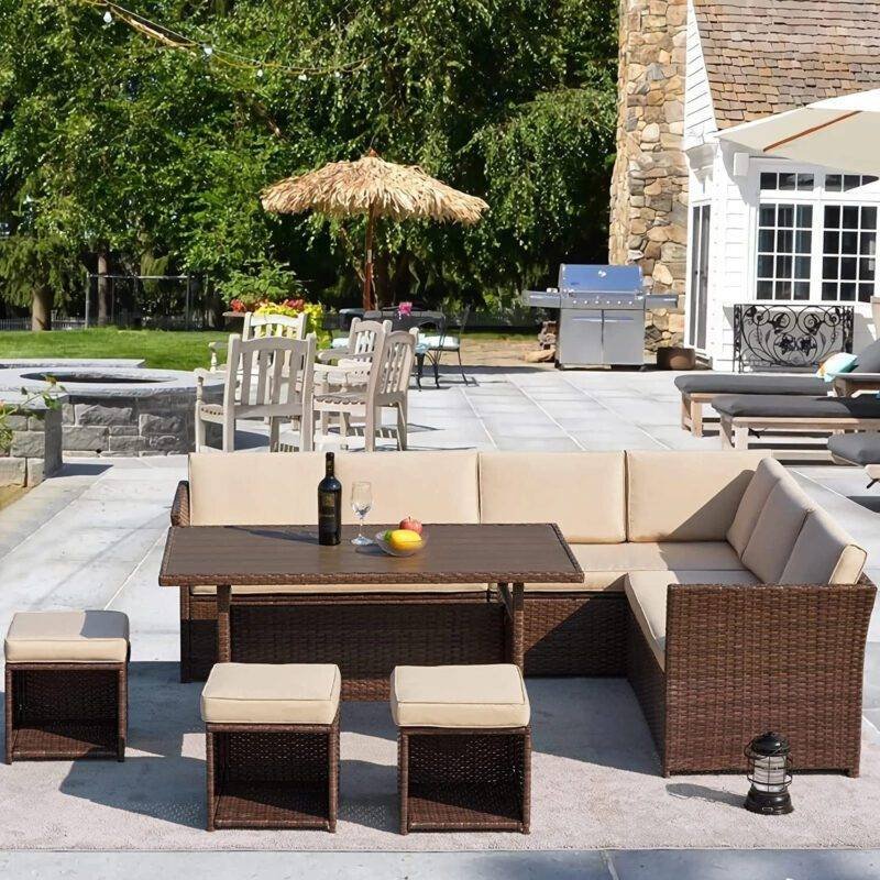 Devoko 6-Piece L-Shaped Rattan Patio Dining Set - Dark Brown/Cream