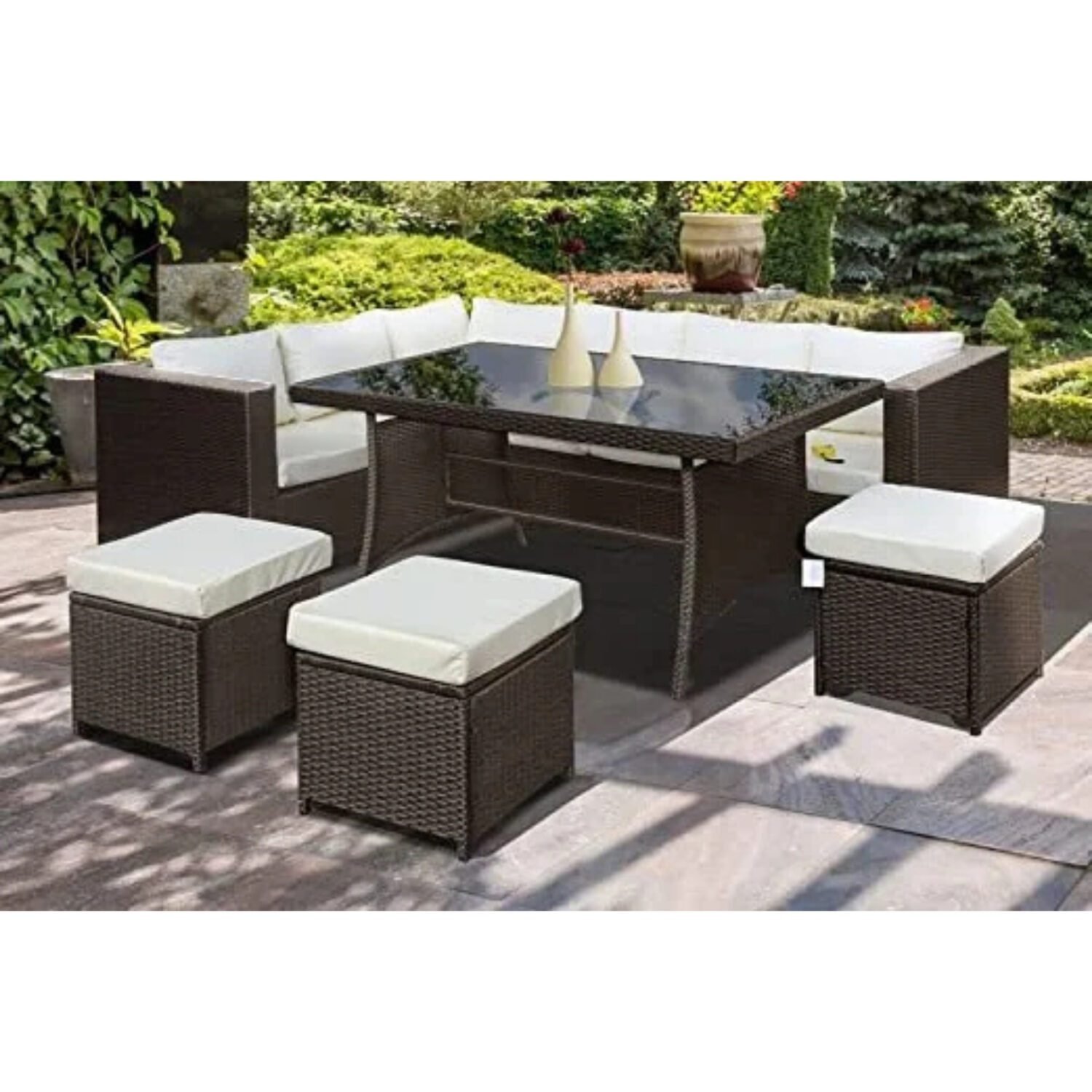 DEVOKO L-Shaped Patio Furniture Set with Dining Table and Chairs(Dark Brown & White)