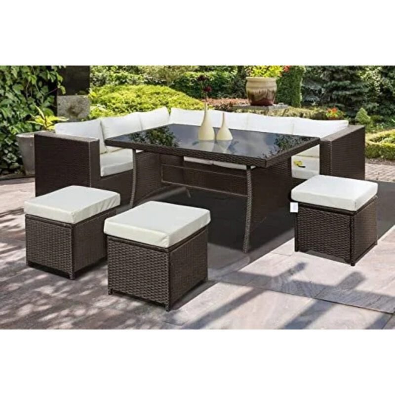 DEVOKO L-Shaped Patio Furniture Set with Dining Table and Chairs(Dark Brown & White)