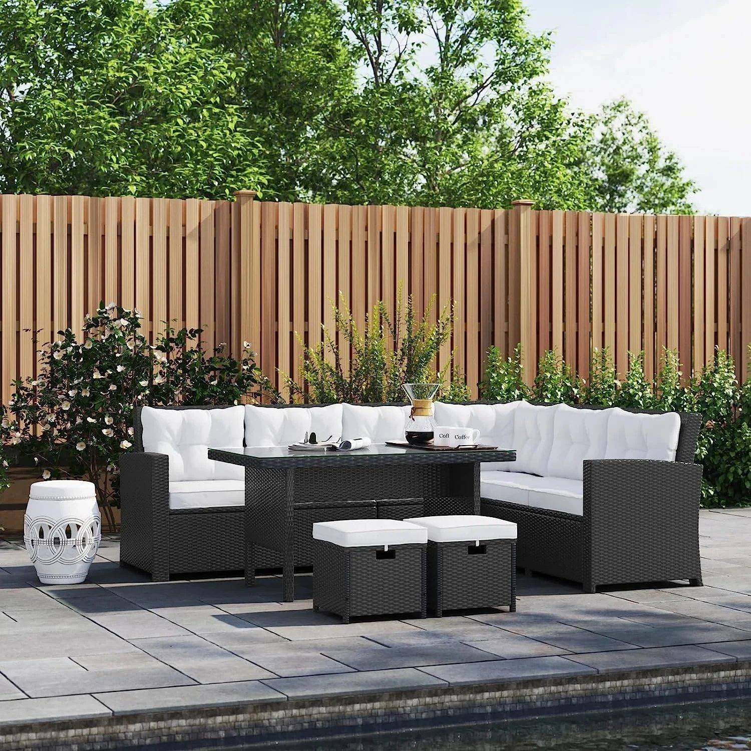 5-Piece Wicker Patio Conversation Set (Black/White)