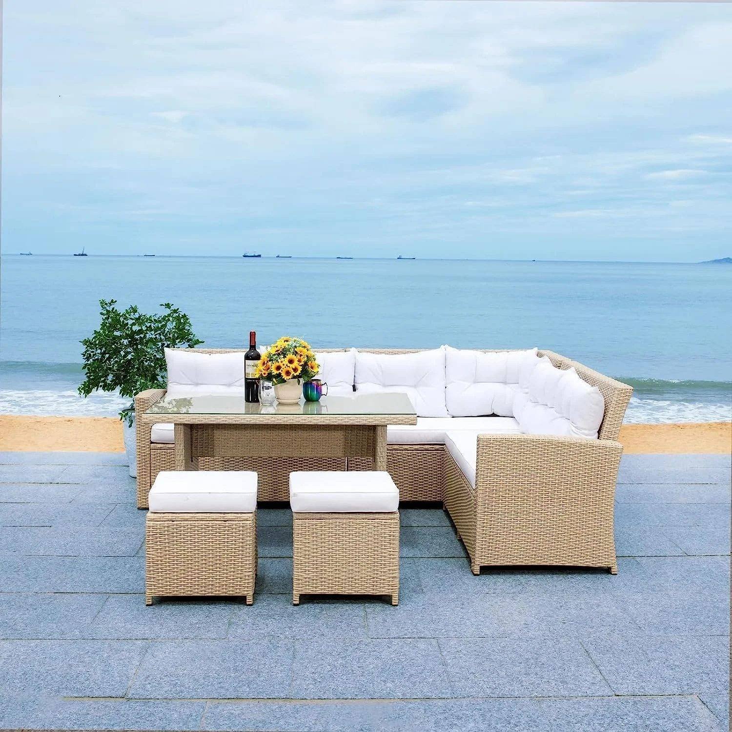 5-Piece Wicker Patio Conversation Set (Beige/White)