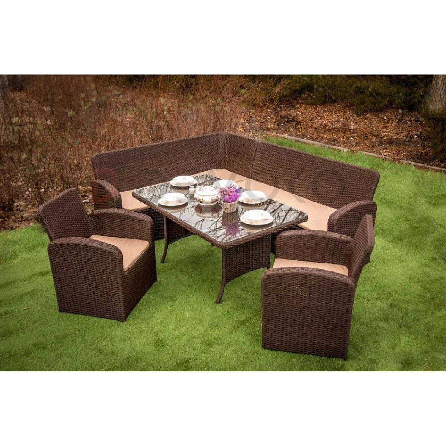 All-Weather Rattan Patio Sofa Set in Dark Brown & Cream