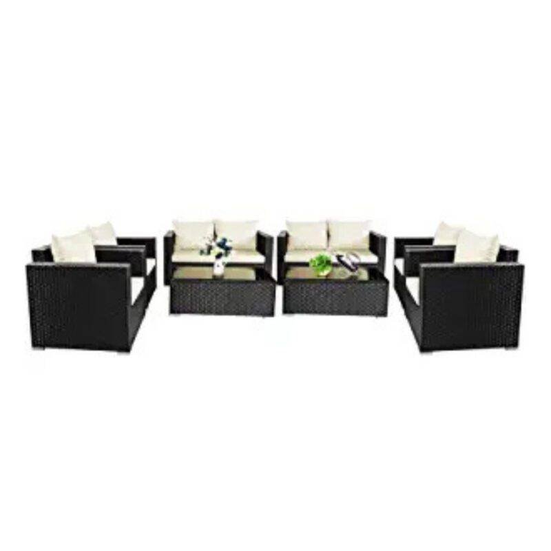 Black & White All-Weather Patio Furniture Set with Glass Table and Cushions