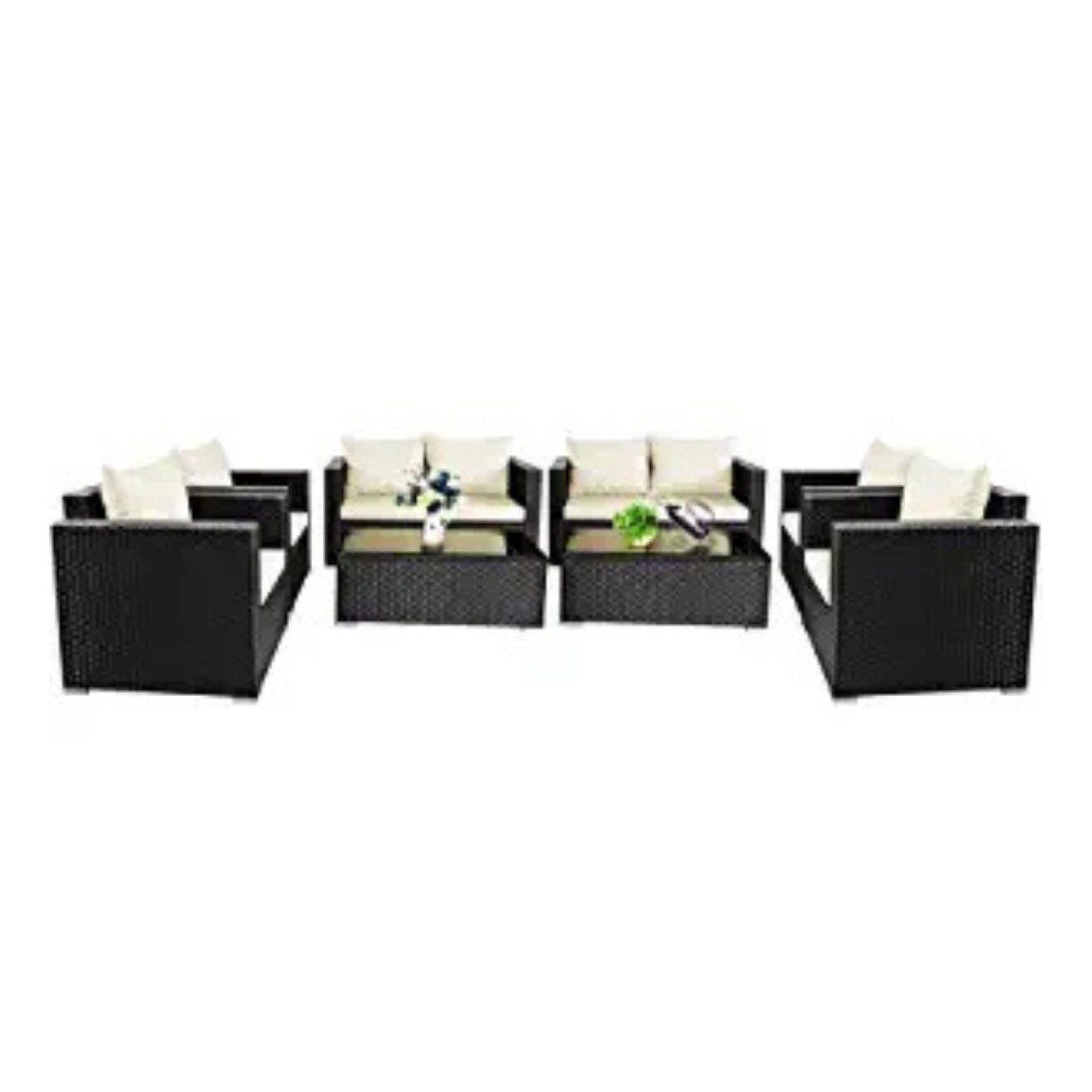 Black & White All-Weather Patio Furniture Set with Glass Table and Cushions