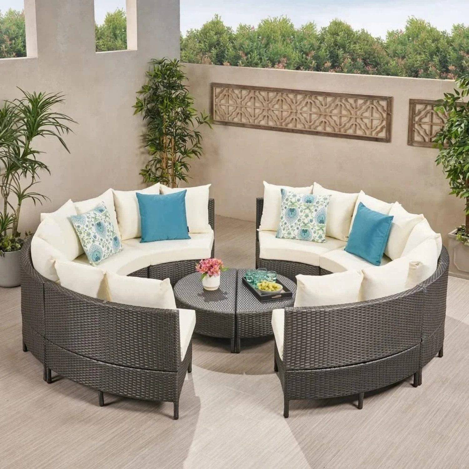 DEVOKO Oval 10PCS Patio Furniture Set (Dark Brown & Light Cream)