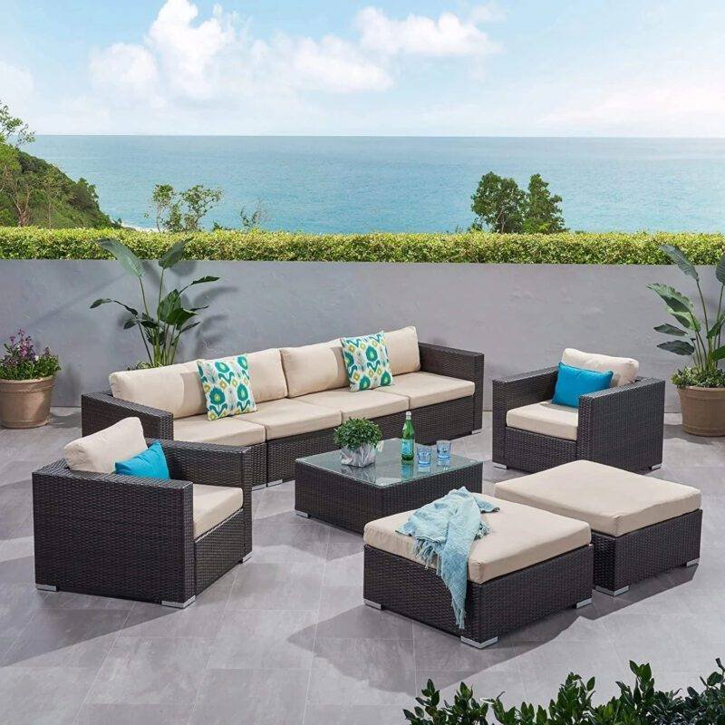 DEVOKO Outdoor Sectional Sofa Set (Dark Brown/Cream)