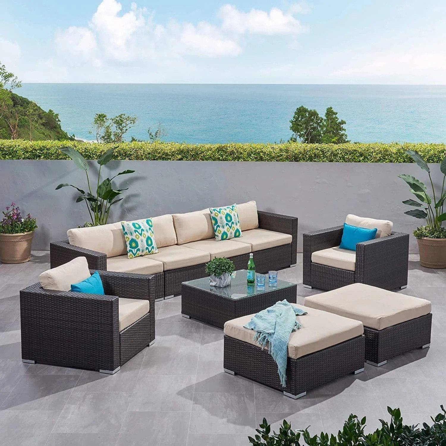 DEVOKO Outdoor Sectional Sofa Set (Dark Brown/Cream)