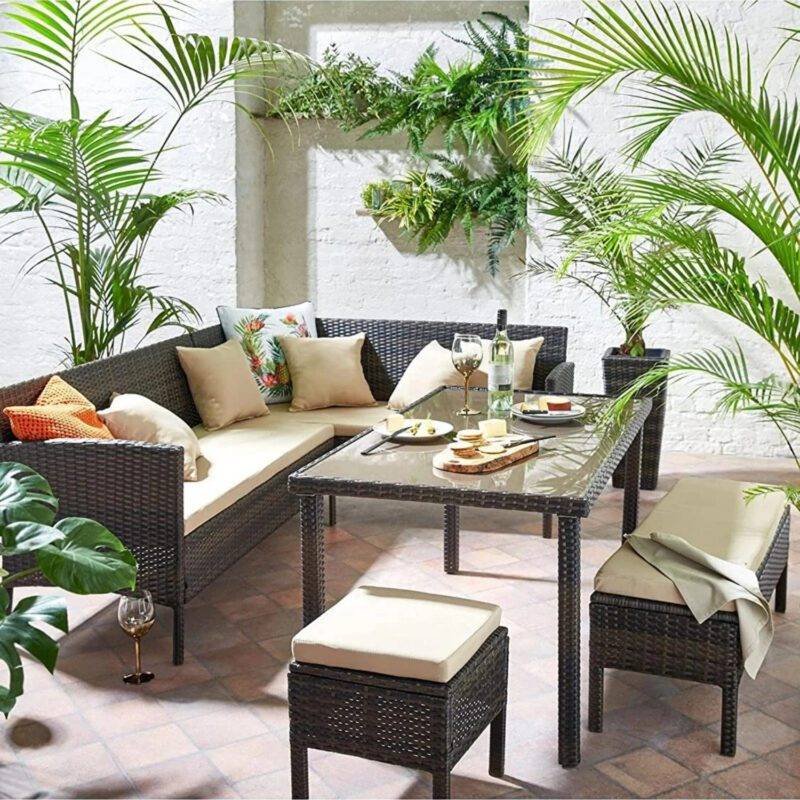 DEVOKO Outdoor Patio Furniture Set with Dining Table, Chairs, and Ottoman (Dark Brown & Cream)
