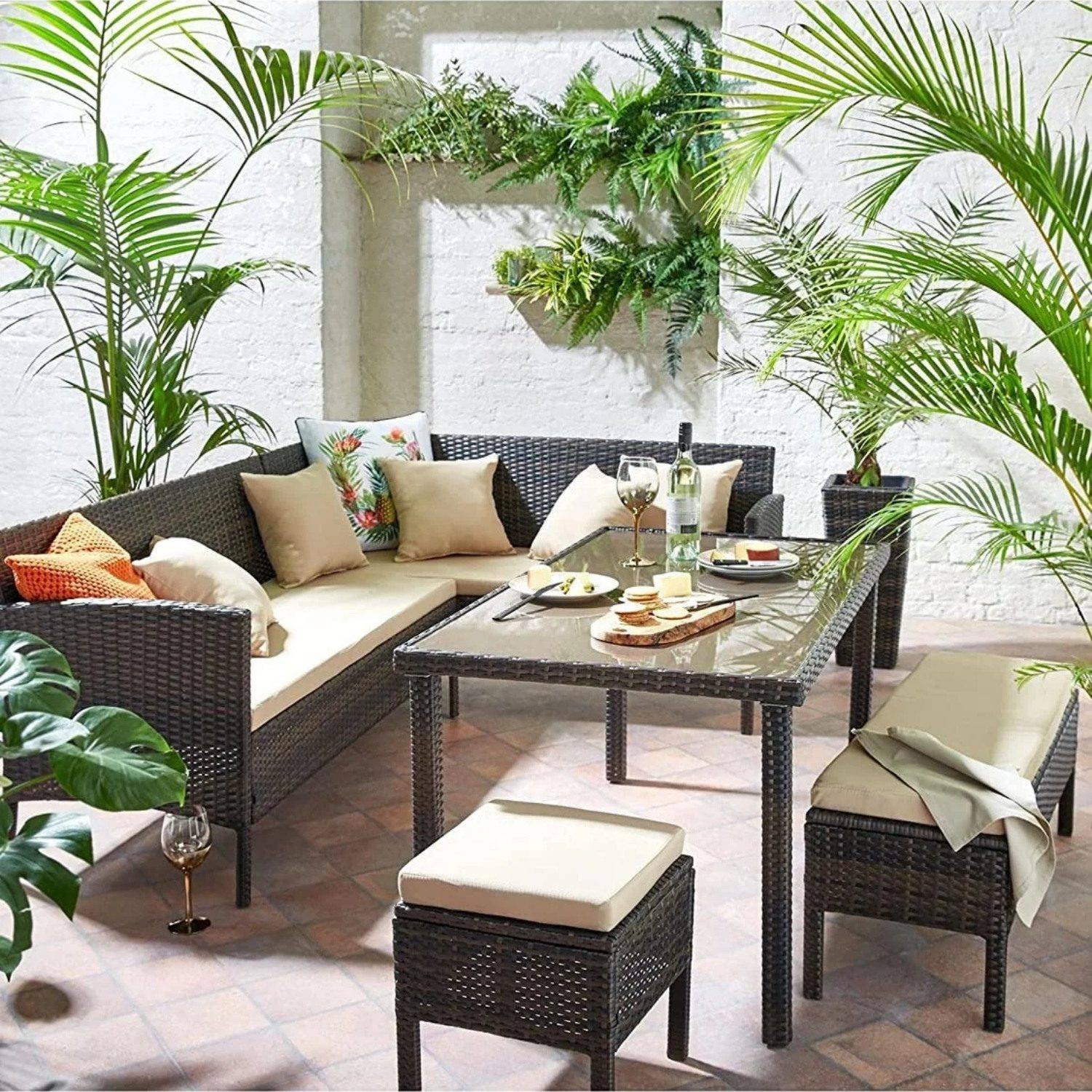 DEVOKO Outdoor Patio Furniture Set with Dining Table, Chairs, and Ottoman (Dark Brown & Cream)