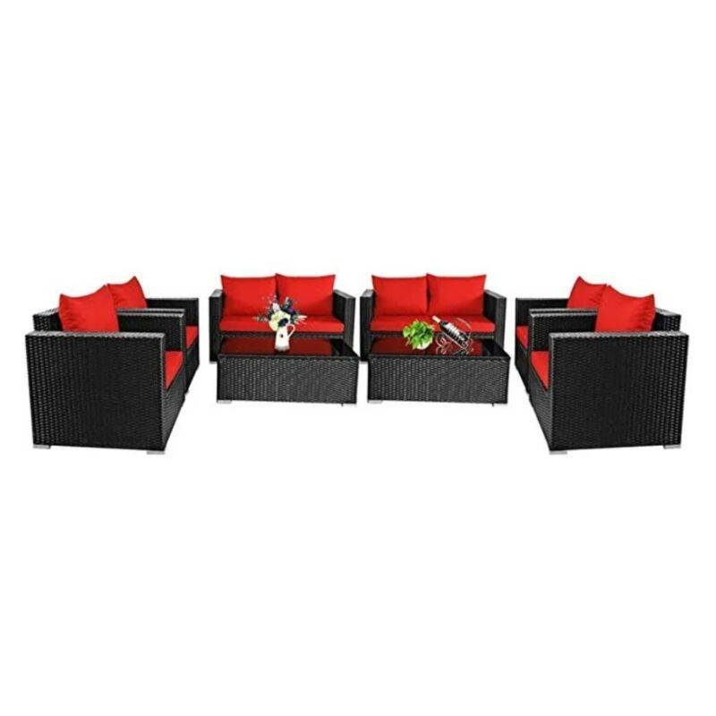 Devoko Black & Red Outdoor Patio Sectional Sofa Set with Cushions and Glass Coffee Table