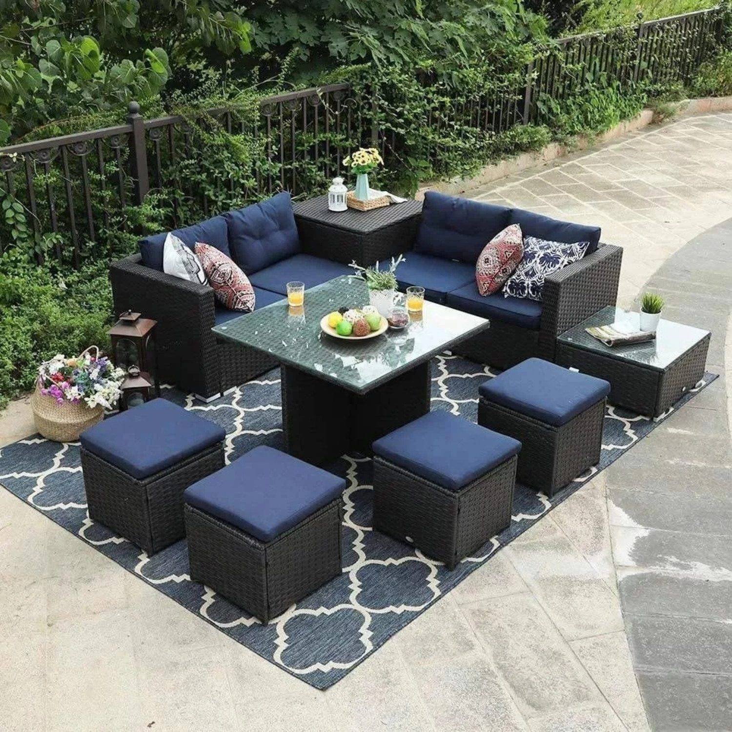 DEVOKO 9-Pcs Waterproof Wicker Sectional Sofa Set (Black & Navy Blue)
