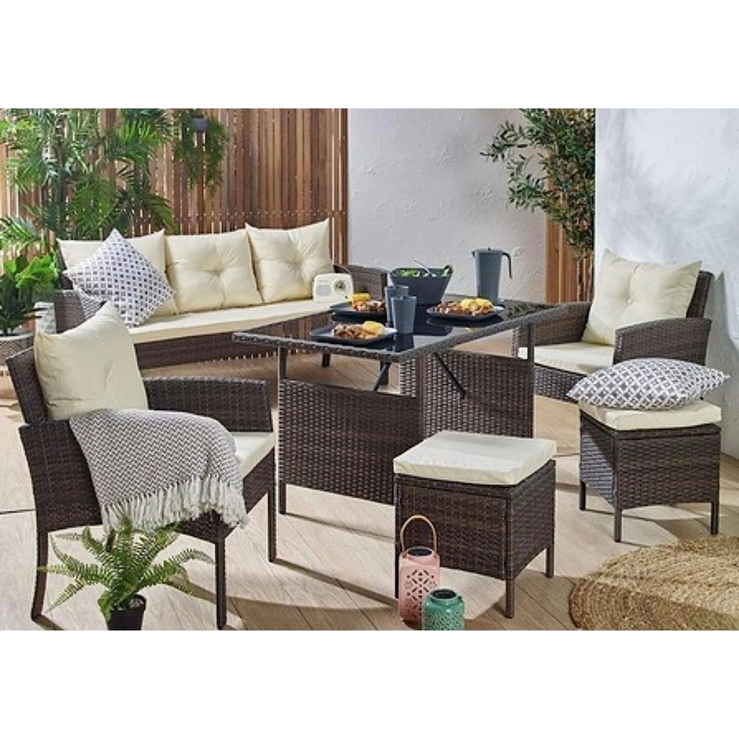 DEVOKO 6-Piece All-Weather Patio Furniture Set (Dark Brown & Cream)