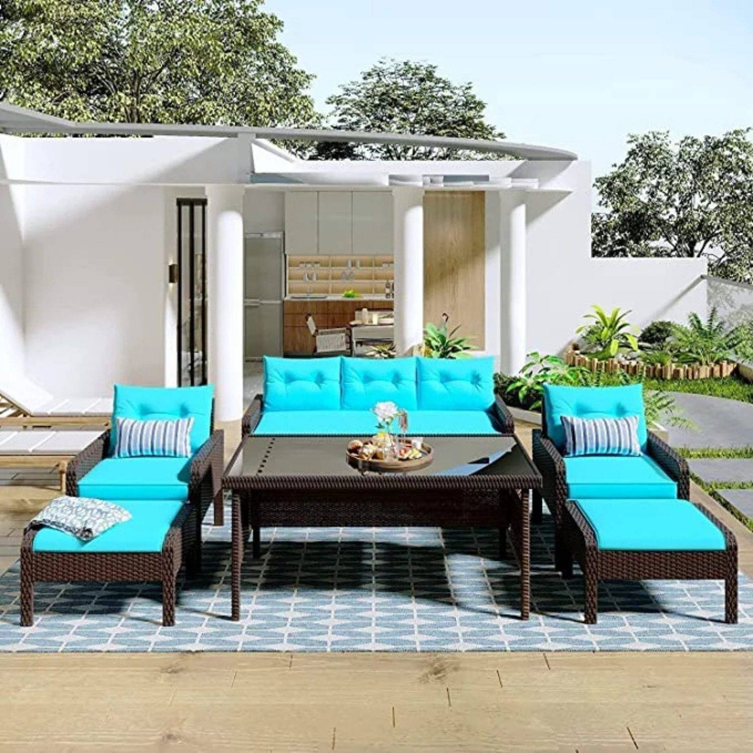 DEVOKO 6-Piece Outdoor Patio Conversation Set - Dark Brown & SkyBlue