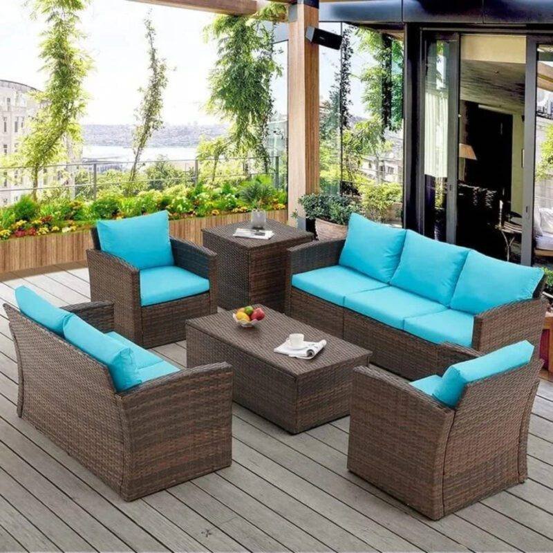 DEVOKO 7-Seater Wicker Sectional Sofa (Dark Brown/Sky Blue)