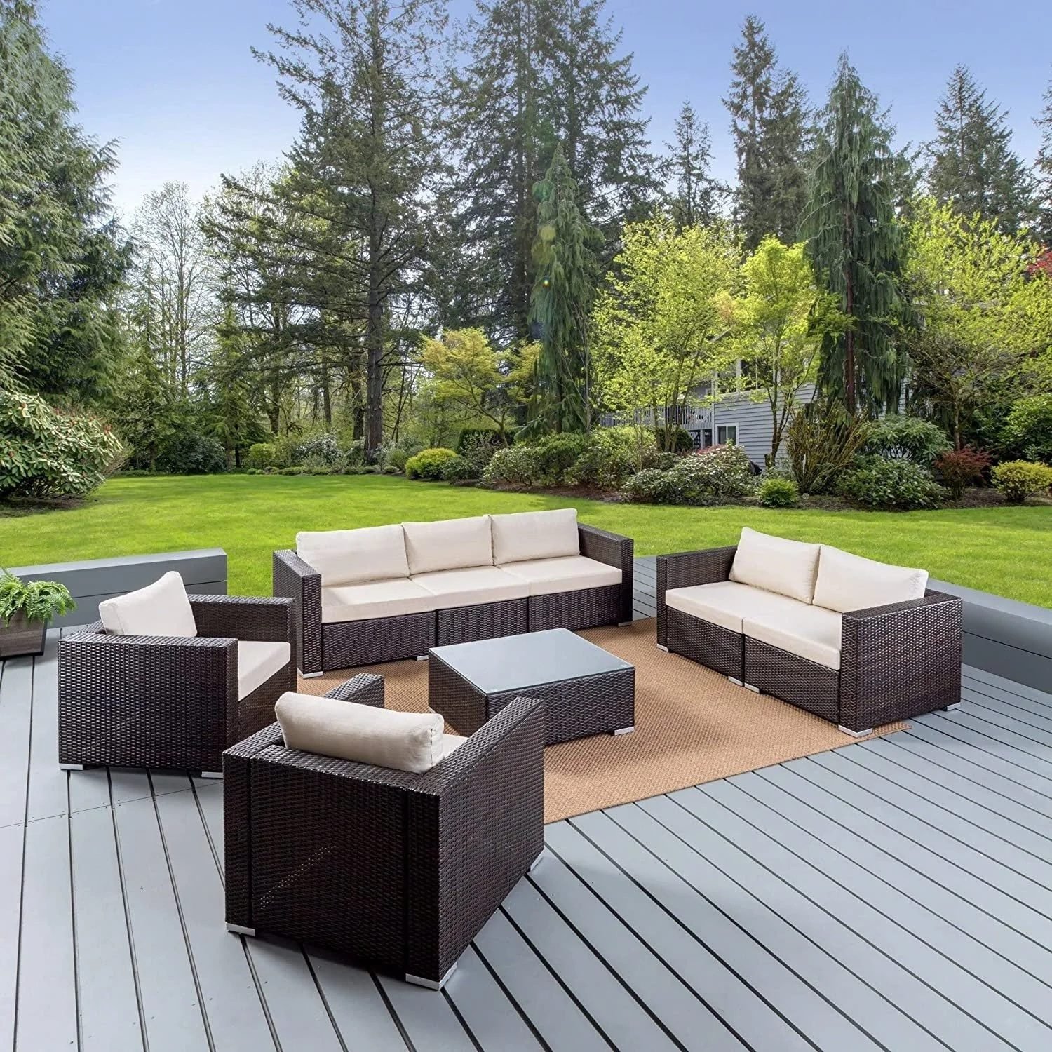 DEVOKO Outdoor 5pc Wicker Sofa Set (Dark Brown/Cream)