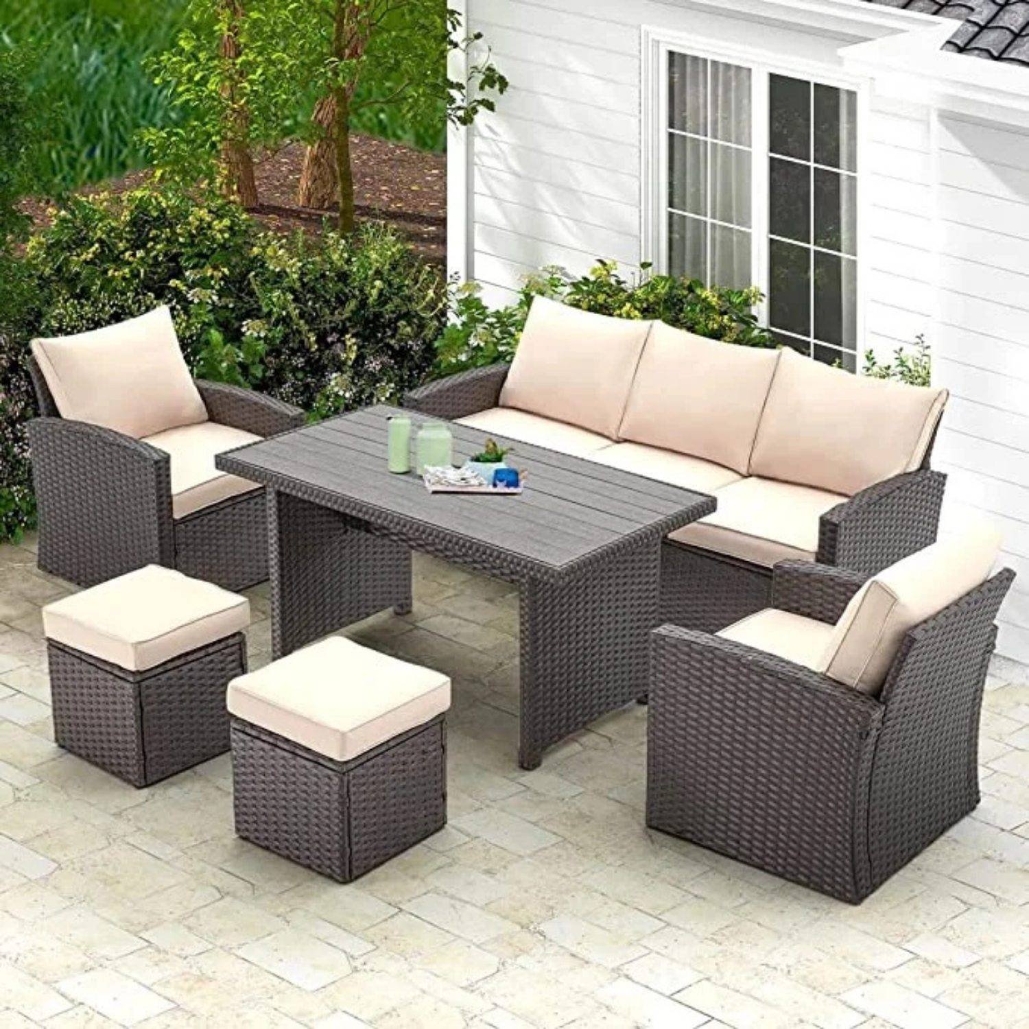 DEVOKO Outdoor Patio Sectional Sofa Set with Ottomans and Center Table (Dark Brown/Cream)
