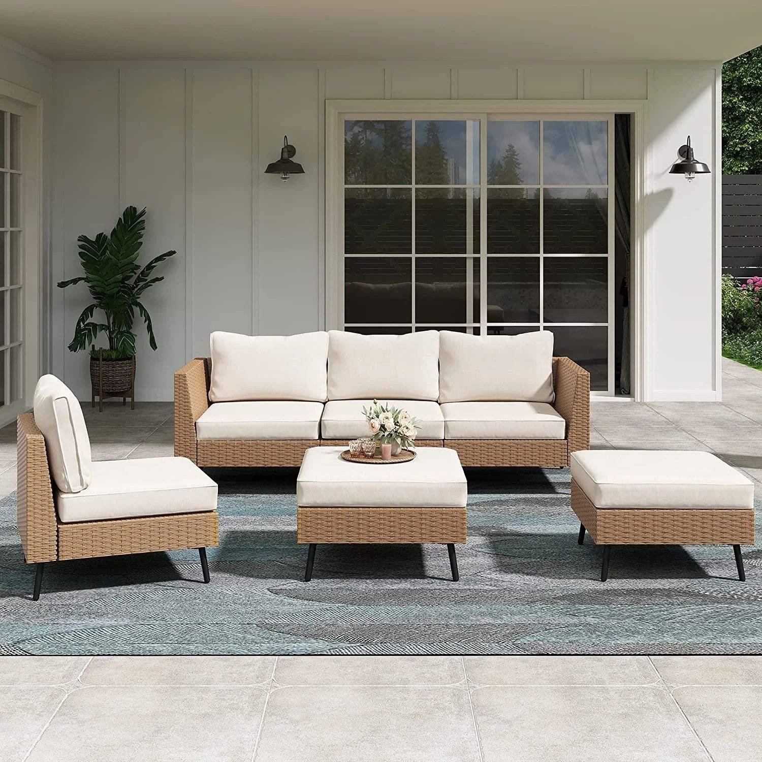 DEVOKO Outdoor Sectional Sofa Set (Beige & Off-white)