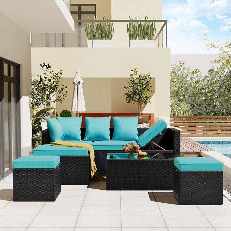 DEVOKO Rattan Sectional Sofa Set (Black/Sky-Blue)