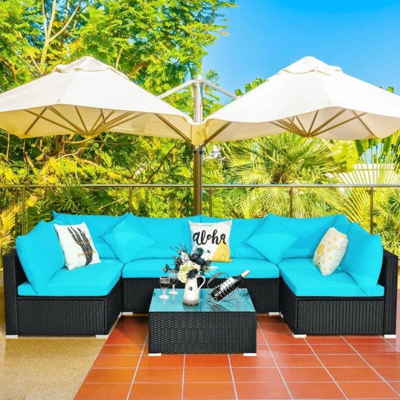 5 Pieces Outdoor Patio Furniture Wicker Sectional Sofa Set (Turquoise Blue and Black)
