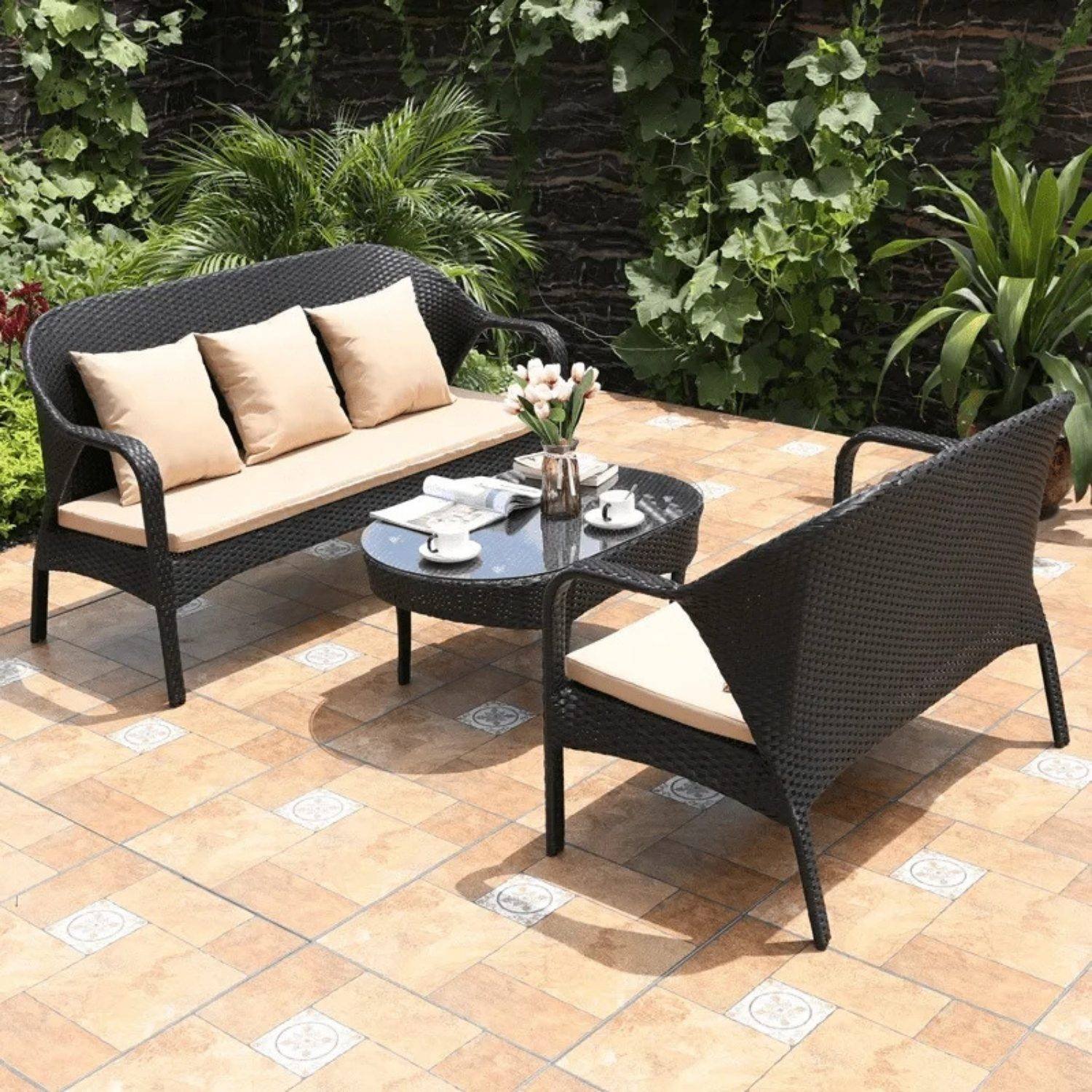 DEVOKO 3 PCS Outdoor Patio Rattan Wicker Furniture Sofa Set(Dark Brown & Cream)