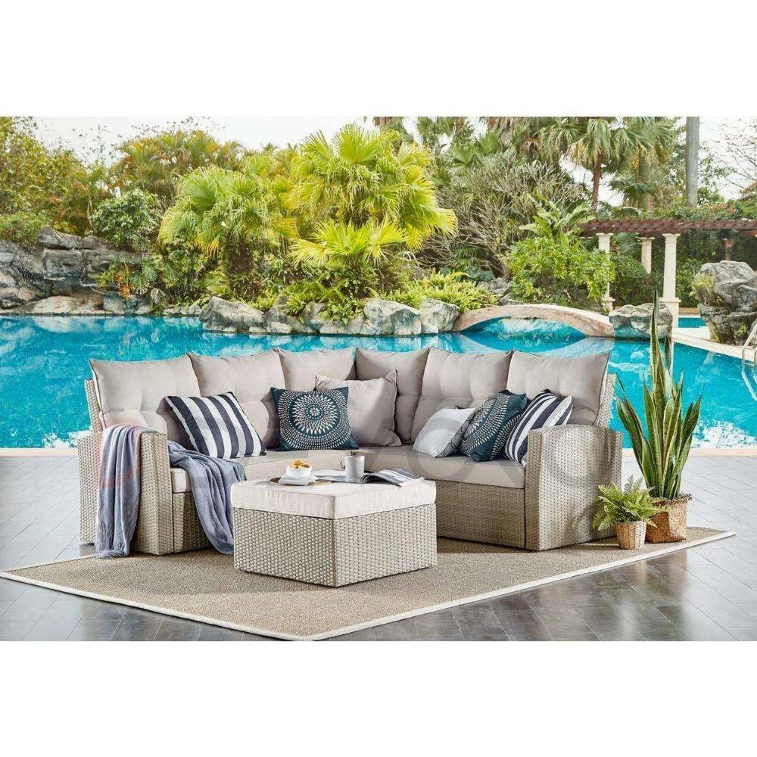 DEVOkO 3 Piece Patio L Shape Sectional Sofa with Ottoman & Cushions(Beige and Cream)