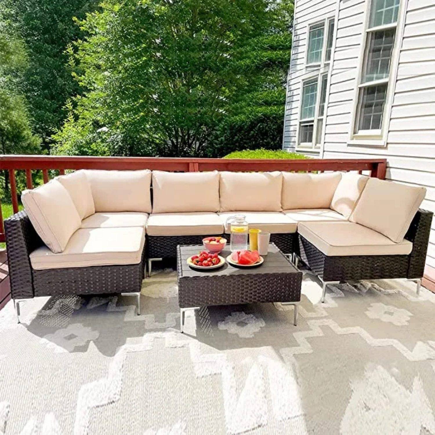 DEVOKO 5-Piece Patio Conversation Sofa Set - Dark Brown Wicker, Cream Cushions