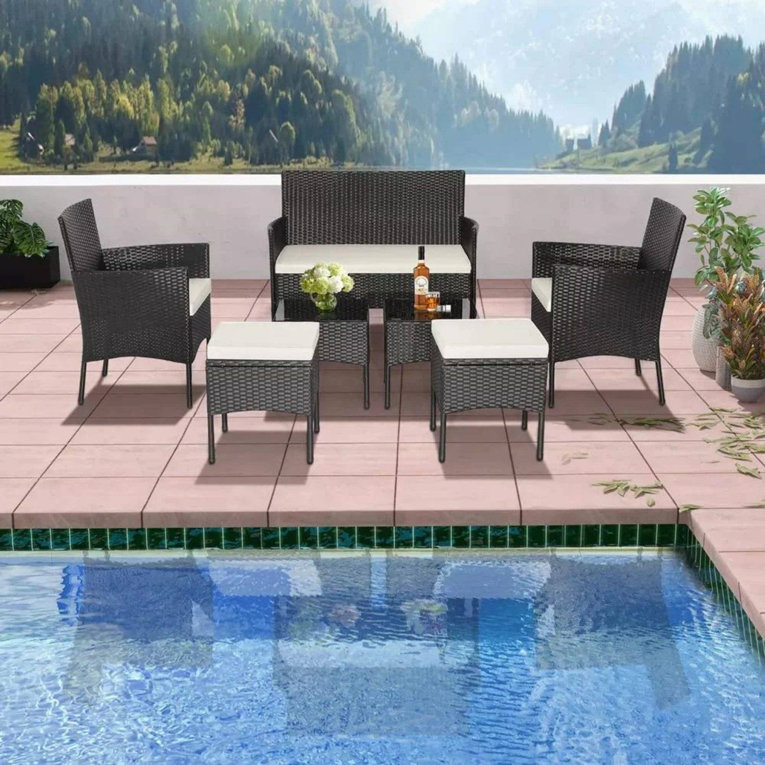 DEVOKO 7 Piece Outdoor Conversation Set (Dark Brown & White)