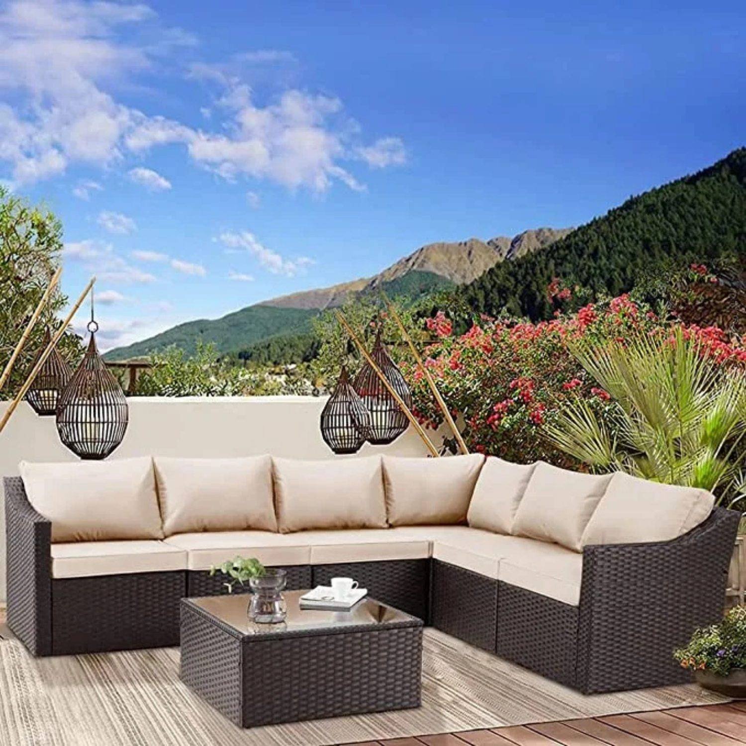 DEVOKO Wicker Furniture Set: Rattan Patio Sectional with Coffee Table & Cushions (Dark Brown/Cream)