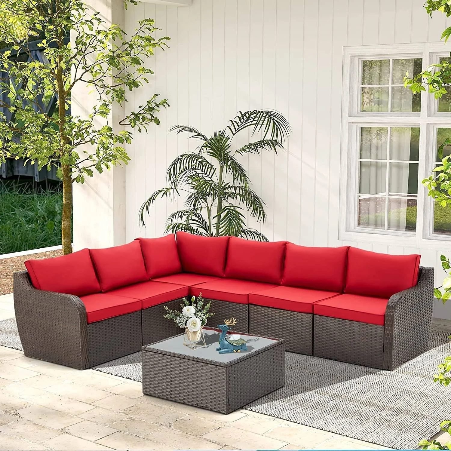 Rattan Wicker Sectional Patio Set with Ergonomic Design and Waterproof Cushions (Dark Brown & Red)