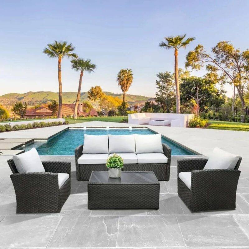 DEVOKO 4-Piece Rattan & Wicker Outdoor Patio Furniture Conversation Sofa Set (Black and Grey)