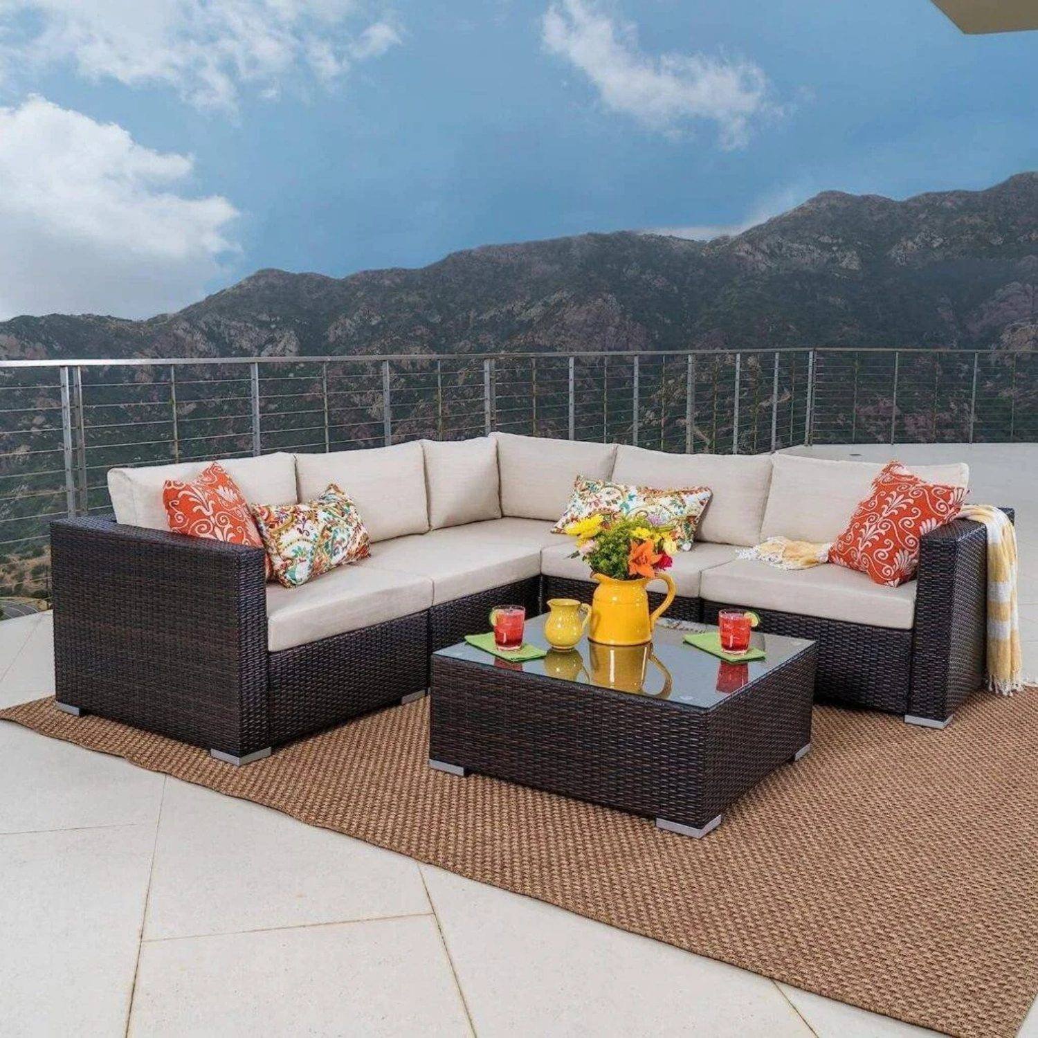 DEVOKO 3pc Outdoor L Shape Patio Set (Dark Brown/Cream)