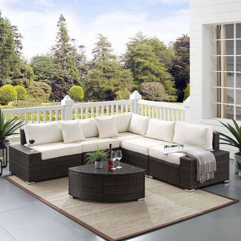 DEVOKO Oval Shape Patio Set (Dark Brown/Off-white)