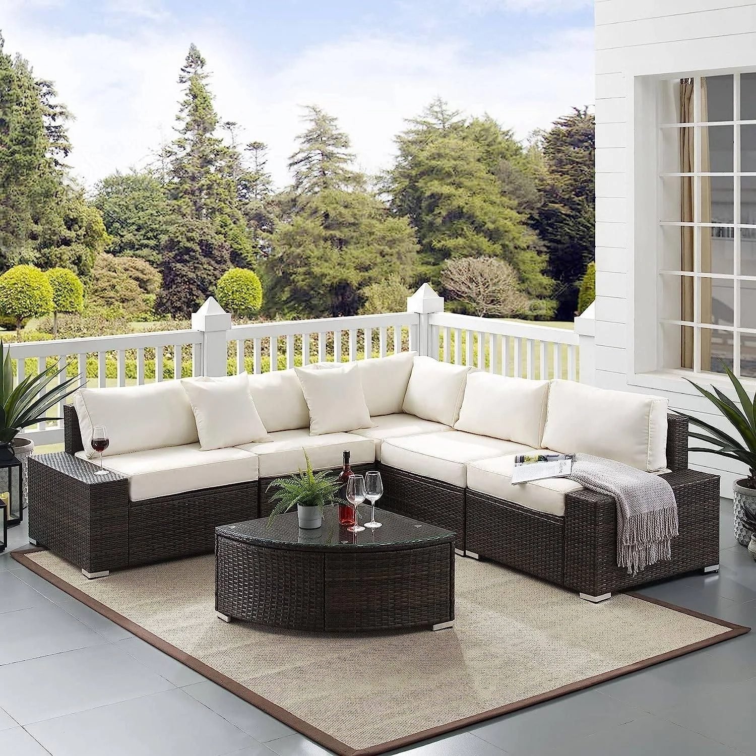 DEVOKO Oval Shape Patio Set (Dark Brown/Off-white)