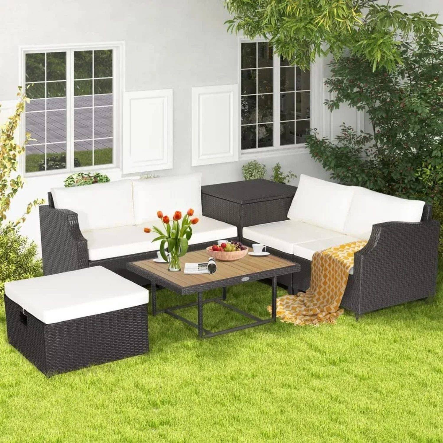 DEVOKO 5 Piece Wicker Patio Furniture Set (Dark Brown/Off-White)