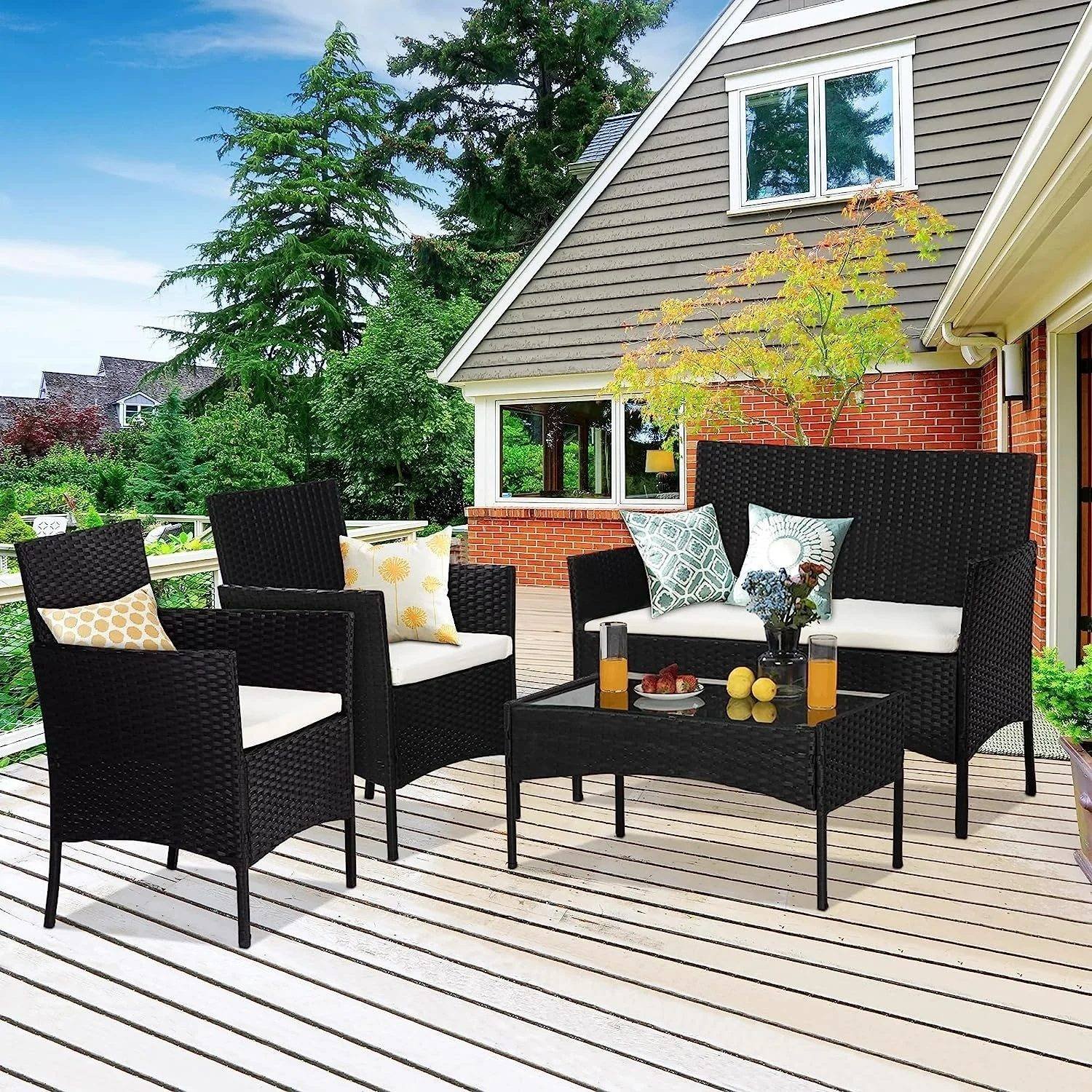 4 Piece Wicker Sectional Sofa Set (Black/White)