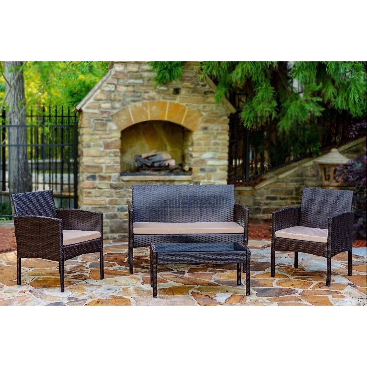 4-Piece Outdoor Wicker Sofa Set with Center Table - Dark Brown/Cream