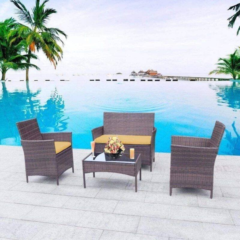 4-Pc Dark Brown & Yellow Rattan Patio Furniture Set with Glass Coffee Table